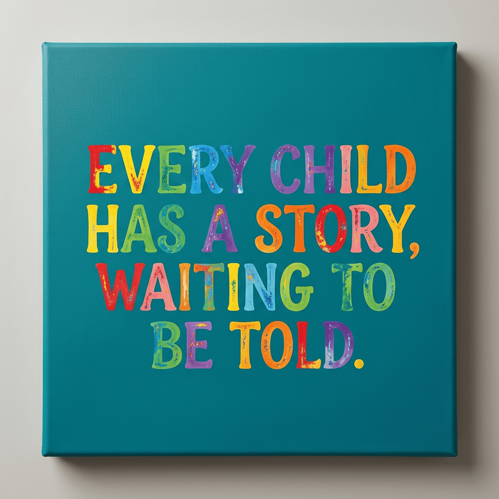 Four children reading and drawing in a cozy library; text says, “Every child has a story waiting to be told.”
